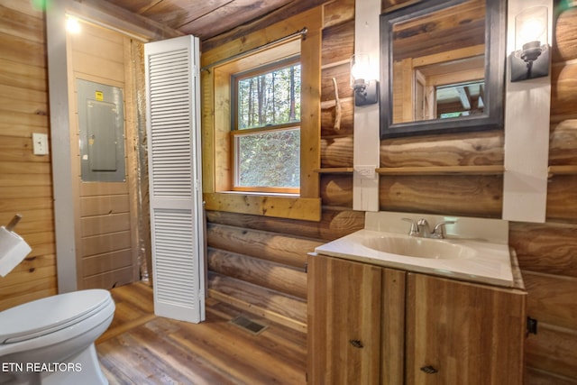 4360 Lakeshore Ave, Sevierville, TN 37876 - bathroom with electric panel, wood finished floors, vanity, rustic walls, and toilet