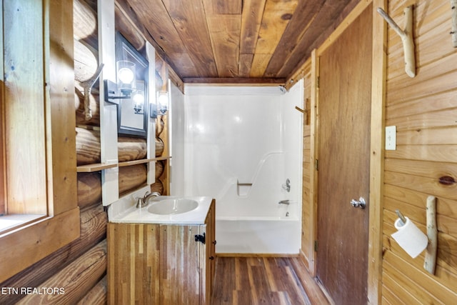 4360 Lakeshore Ave, Sevierville, TN 37876 - full bathroom featuring shower / bath combination, wood ceiling, wood finished floors, and vanity