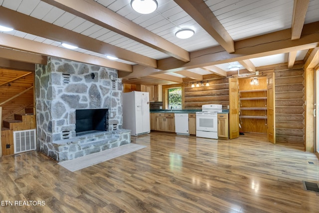 4360 Lakeshore Ave, Sevierville, TN 37876 - unfurnished living room with log walls, beam ceiling, wood finished floors, and visible vents
