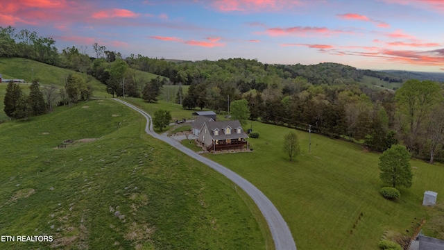 drone / aerial view with a view of trees and a rural view