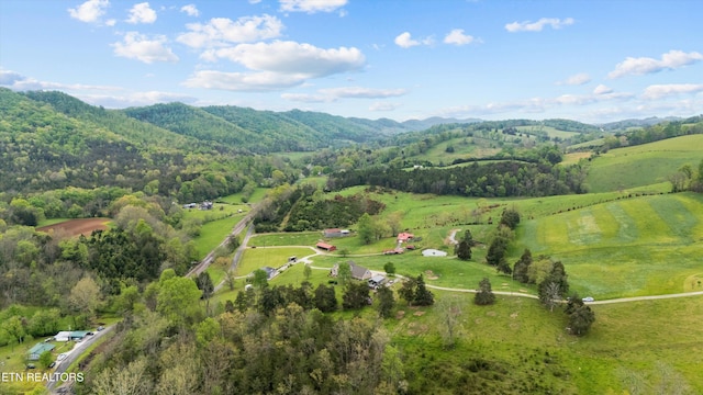 drone / aerial view featuring a rural view and a mountain view