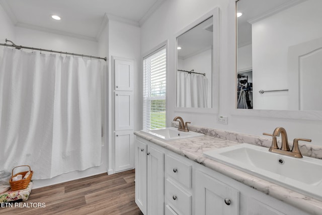 bathroom featuring double vanity, wood finished floors, crown molding, and a sink