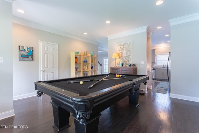 game room with baseboards, ornamental molding, billiards, and dark wood finished floors