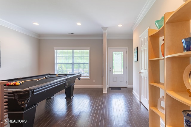 playroom with dark wood-style flooring, billiards, crown molding, and baseboards
