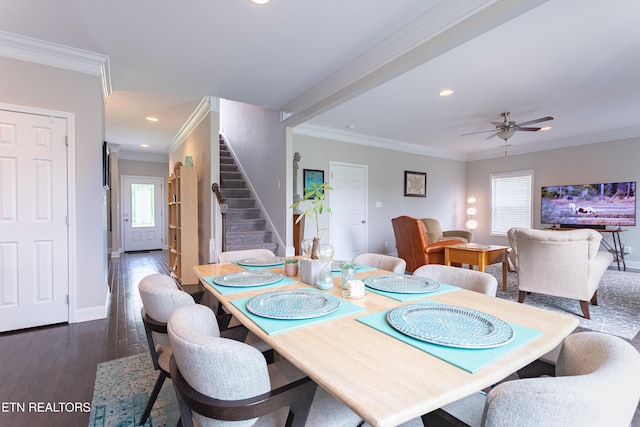dining space with crown molding, recessed lighting, stairway, and dark wood finished floors