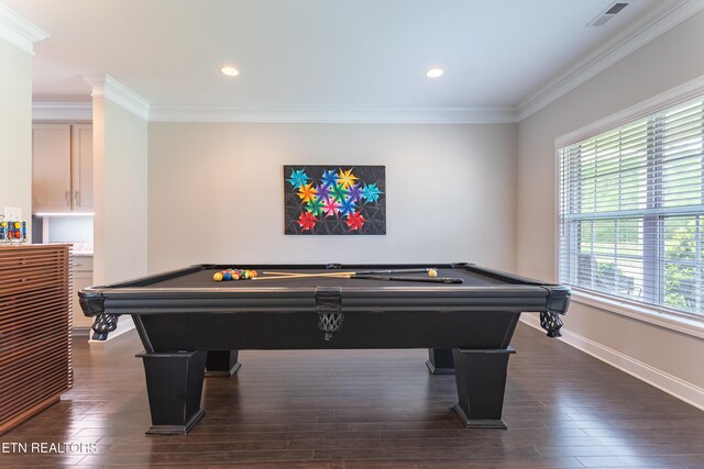 recreation room featuring ornamental molding, dark wood-style floors, baseboards, and pool table
