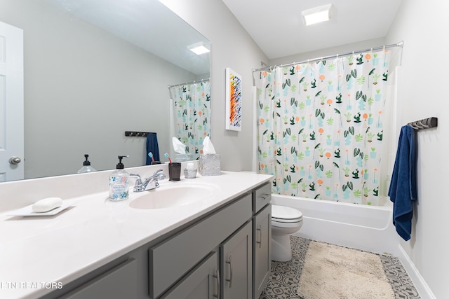full bathroom featuring tile patterned floors, shower / tub combo with curtain, toilet, and vanity