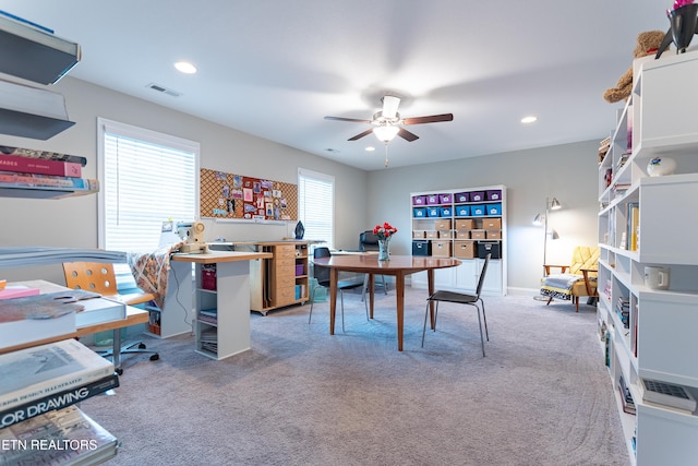 office featuring visible vents, a ceiling fan, recessed lighting, and carpet floors