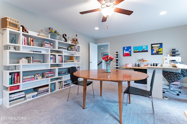 carpeted office with baseboards, recessed lighting, and ceiling fan
