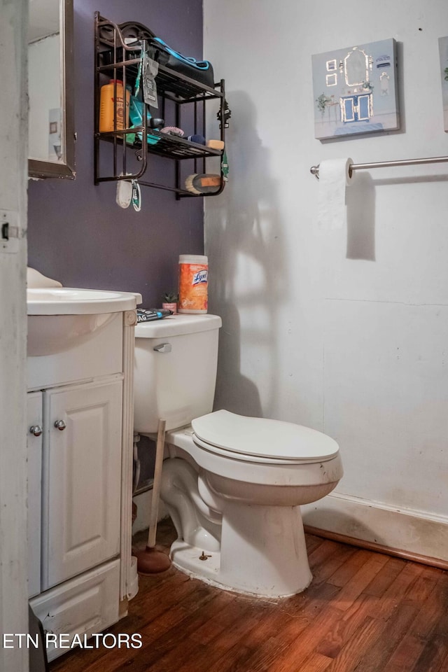 bathroom featuring toilet, vanity, and wood finished floors