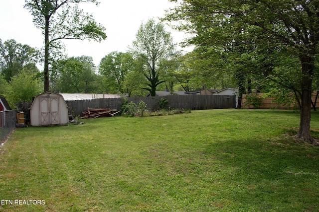 view of yard with a storage shed, an outdoor structure, and a fenced backyard