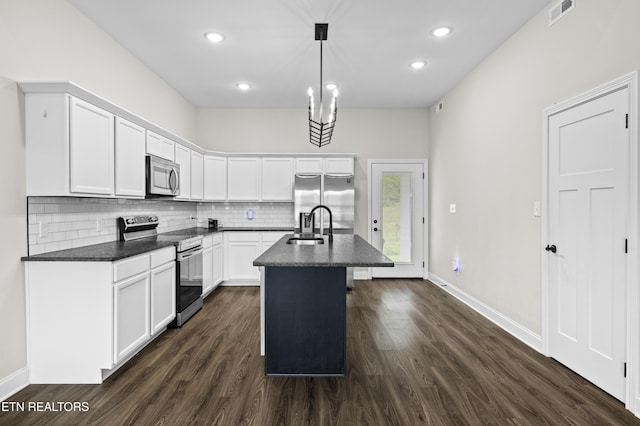 kitchen featuring a sink, dark countertops, stainless steel appliances, and visible vents