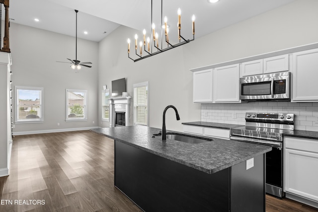 kitchen with a sink, appliances with stainless steel finishes, ceiling fan, and open floor plan