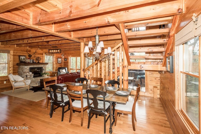 dining area with wood finished floors, a stone fireplace, beam ceiling, a notable chandelier, and wooden walls