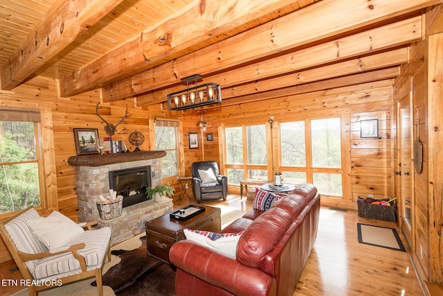 living area featuring beamed ceiling, light wood-style floors, wooden ceiling, wooden walls, and a stone fireplace