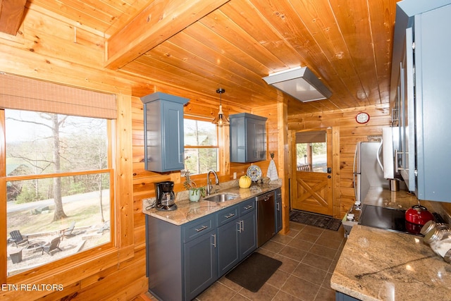 kitchen featuring a sink, wooden ceiling, wood walls, and stainless steel appliances
