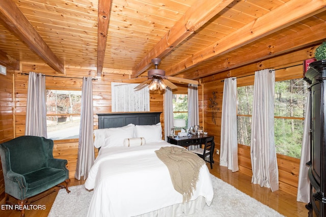 bedroom featuring wood walls, beam ceiling, wood finished floors, and wood ceiling