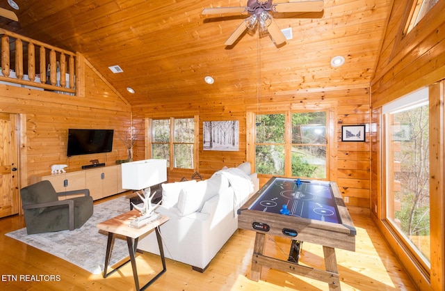 living room featuring a ceiling fan, wooden ceiling, wood walls, and wood finished floors