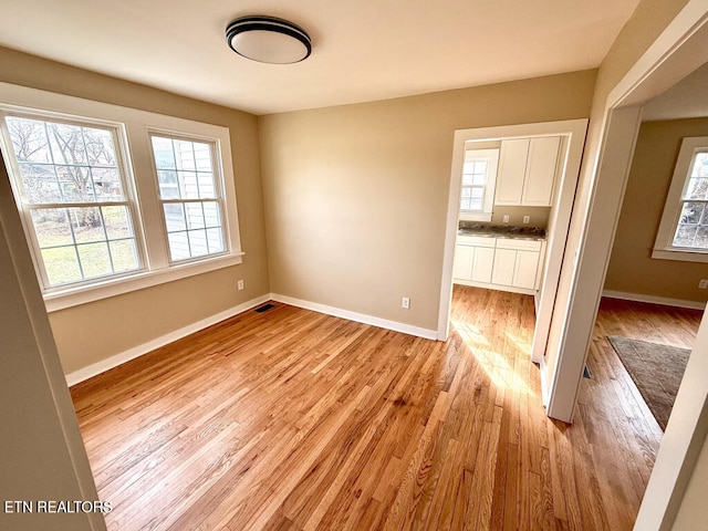 spare room featuring baseboards, light wood-style floors, and a healthy amount of sunlight