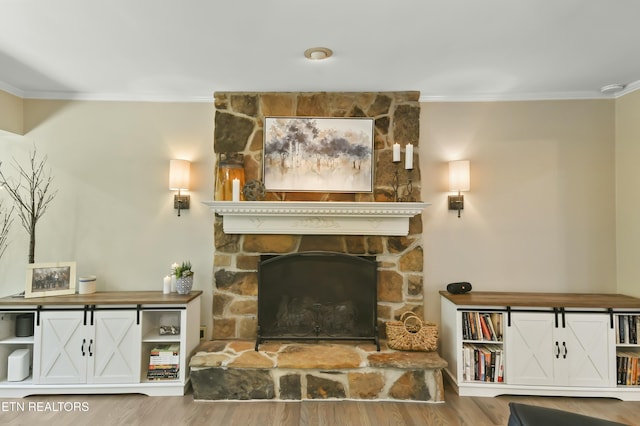 1517 Deerfield Way, Lafollette, TN 37766 - living area with a stone fireplace, crown molding, and wood finished floors