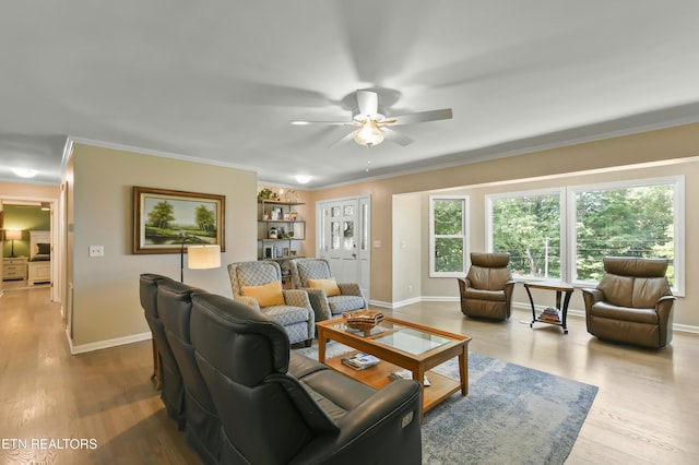 1517 Deerfield Way, Lafollette, TN 37766 - living room with ceiling fan, baseboards, ornamental molding, and wood finished floors