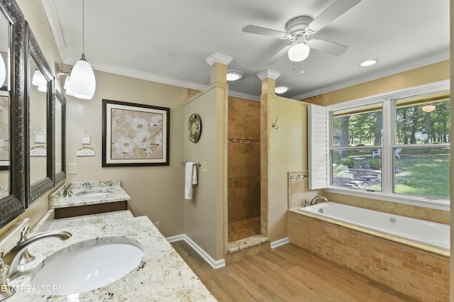 1517 Deerfield Way, Lafollette, TN 37766 - bathroom featuring a tile shower, wood finished floors, double vanity, a sink, and ceiling fan
