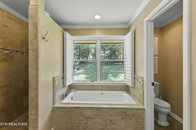 1517 Deerfield Way, Lafollette, TN 37766 - full bathroom featuring crown molding, a garden tub, a walk in shower, and toilet