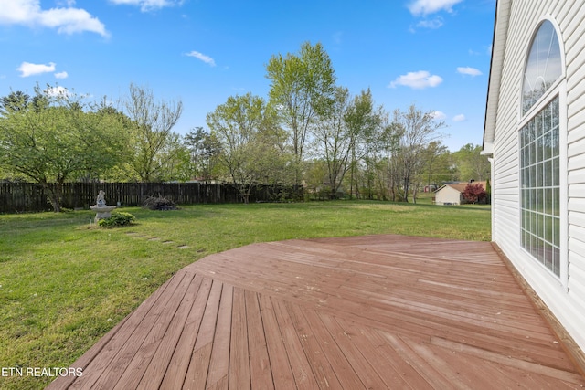 wooden deck featuring a lawn and a fenced backyard