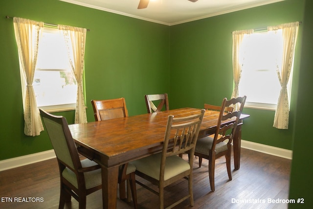 dining space featuring baseboards, dark wood-style floors, a healthy amount of sunlight, and ornamental molding