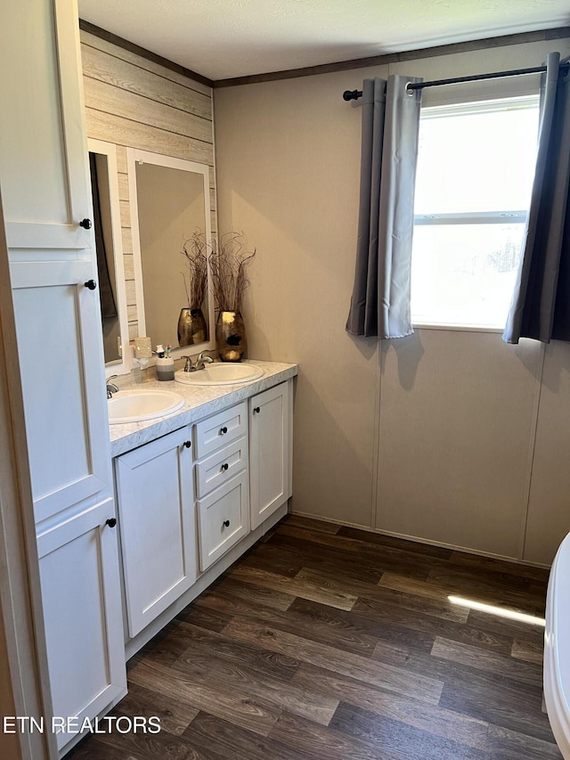534 Wiggins Rd, Tellico Plains, TN 37385 - full bath featuring wood finished floors, a sink, and double vanity