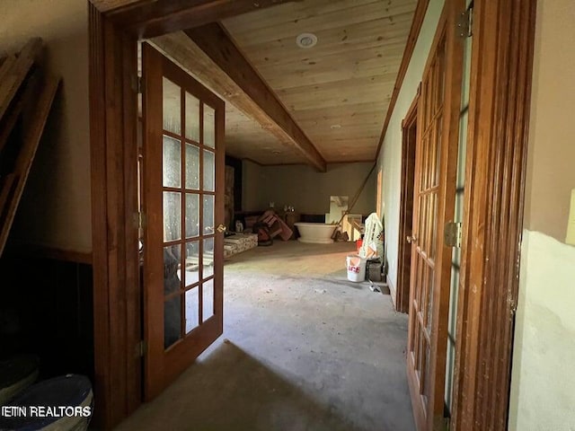 interior space featuring wooden ceiling and french doors