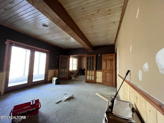 unfurnished living room featuring wood walls, wooden ceiling, french doors, beam ceiling, and wainscoting