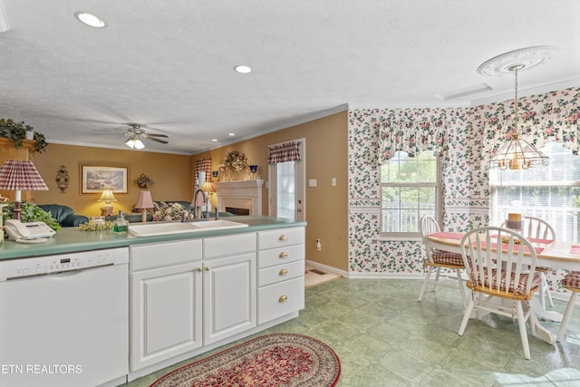 kitchen with ceiling fan, plenty of natural light, crown molding, dishwasher, and a sink