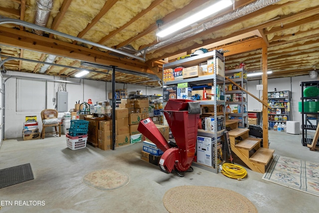 basement featuring electric panel and a workshop area