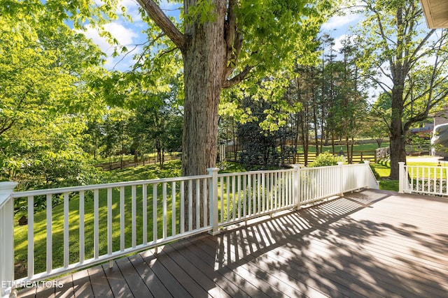 wooden deck featuring a yard