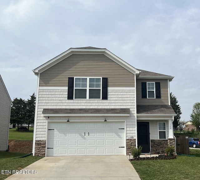 128 Waverly, Talbott, TN 37877 - view of front of property with a shingled roof, an attached garage, driveway, stone siding, and a front yard