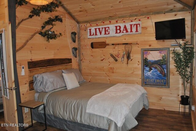 750 Caney Creek Rd, Cosby, TN 37722 - bedroom with lofted ceiling, wood finished floors, wood walls, and wood ceiling
