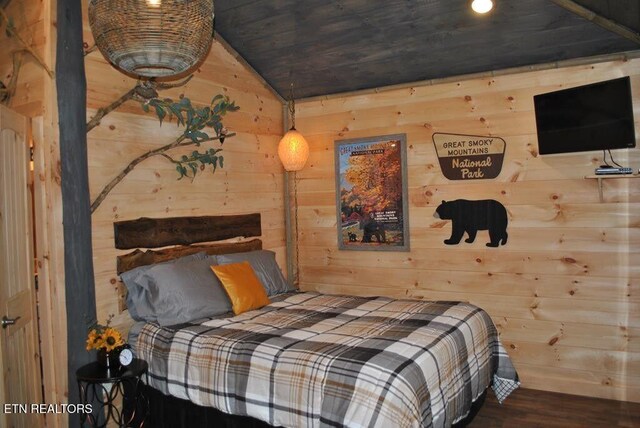 750 Caney Creek Rd, Cosby, TN 37722 - bedroom with wooden ceiling, lofted ceiling, wood walls, and wood finished floors