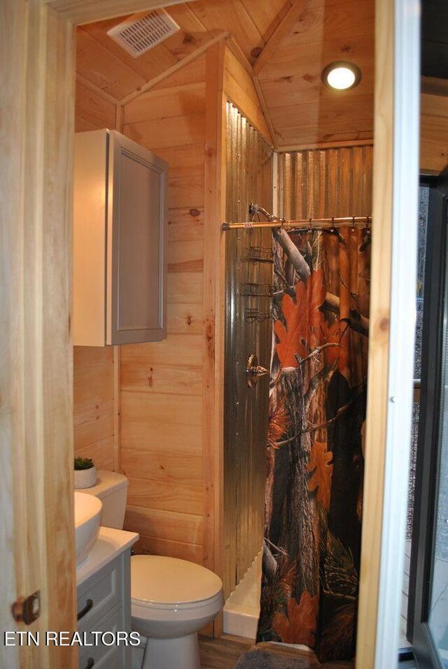 750 Caney Creek Rd, Cosby, TN 37722 - bathroom featuring wood walls, toilet, vanity, and curtained shower