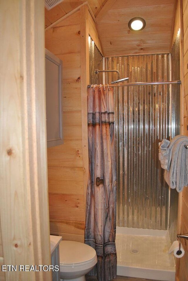 750 Caney Creek Rd, Cosby, TN 37722 - full bathroom with a shower stall, wood walls, toilet, and wood ceiling