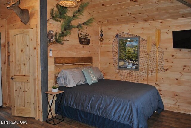 750 Caney Creek Rd, Cosby, TN 37722 - bedroom featuring lofted ceiling, wood finished floors, wood walls, and wooden ceiling