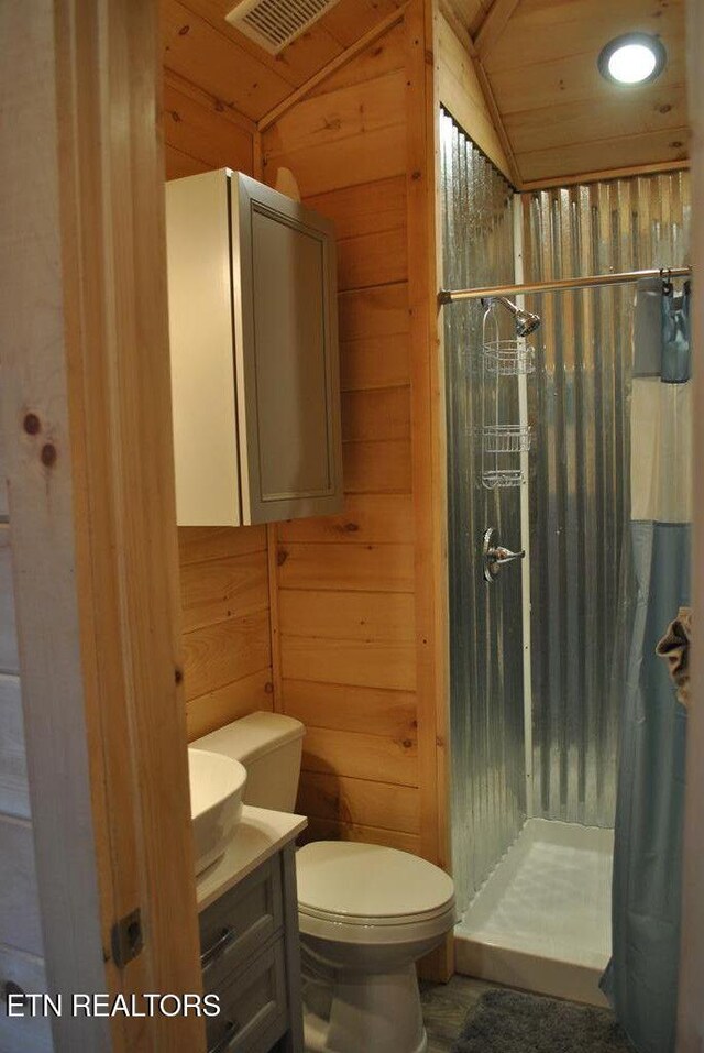 750 Caney Creek Rd, Cosby, TN 37722 - full bathroom featuring a shower stall, wood walls, vaulted ceiling, toilet, and vanity