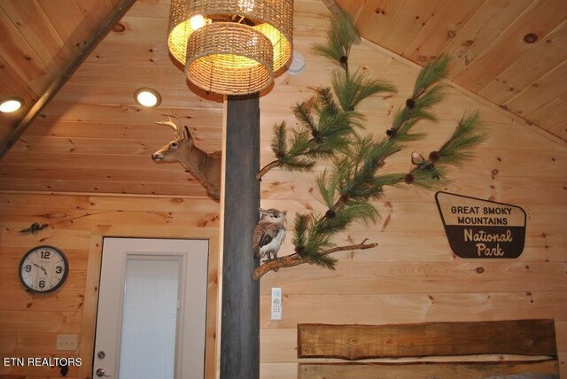 750 Caney Creek Rd, Cosby, TN 37722 - room details featuring wood walls, wooden ceiling, and an inviting chandelier
