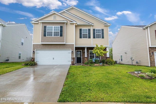 craftsman inspired home with a front lawn, driveway, stone siding, and a garage