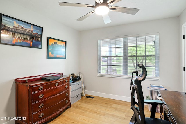 office featuring baseboards, visible vents, ceiling fan, and light wood-style flooring