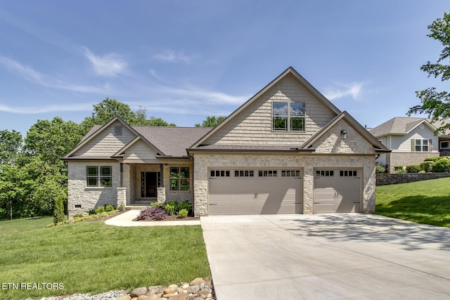 craftsman house with stone siding, concrete driveway, a front lawn, and a garage