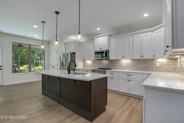 kitchen with appliances with stainless steel finishes, a sink, light wood finished floors, light countertops, and recessed lighting
