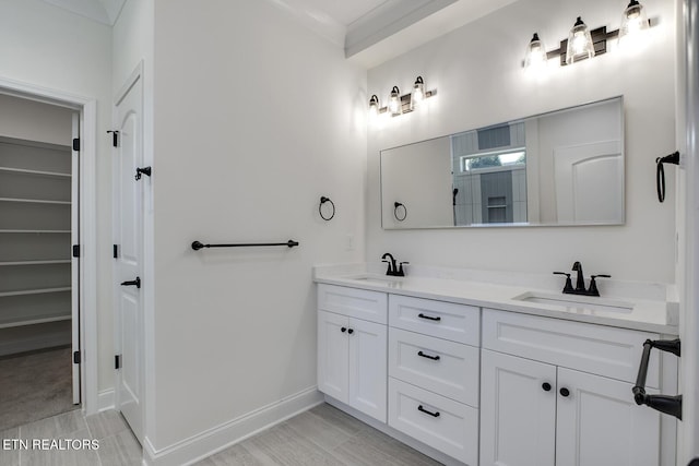 bathroom with double vanity, baseboards, and a walk in closet