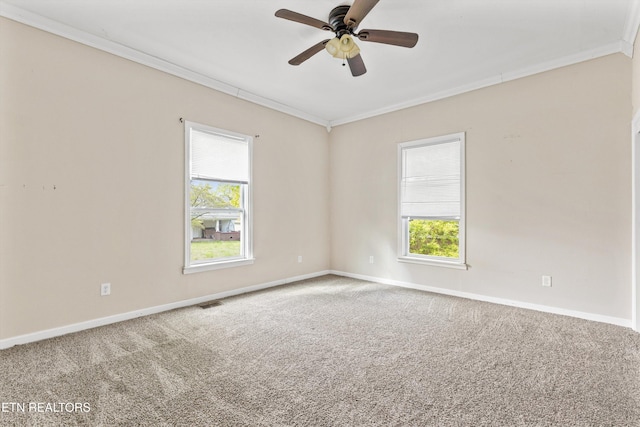 carpeted empty room with a wealth of natural light, ceiling fan, ornamental molding, and baseboards