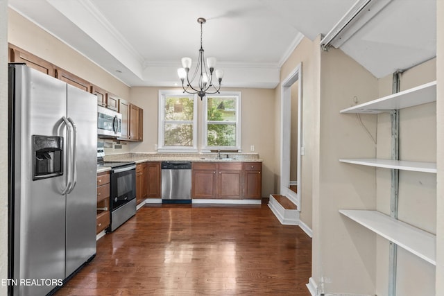 kitchen with open shelves, a sink, stainless steel appliances, a notable chandelier, and brown cabinetry